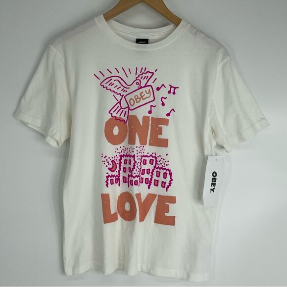 Obey NEW Dove Peace Graphic One Love Tee T-Shirt White/Pink Size Small - Picture 1 of 6